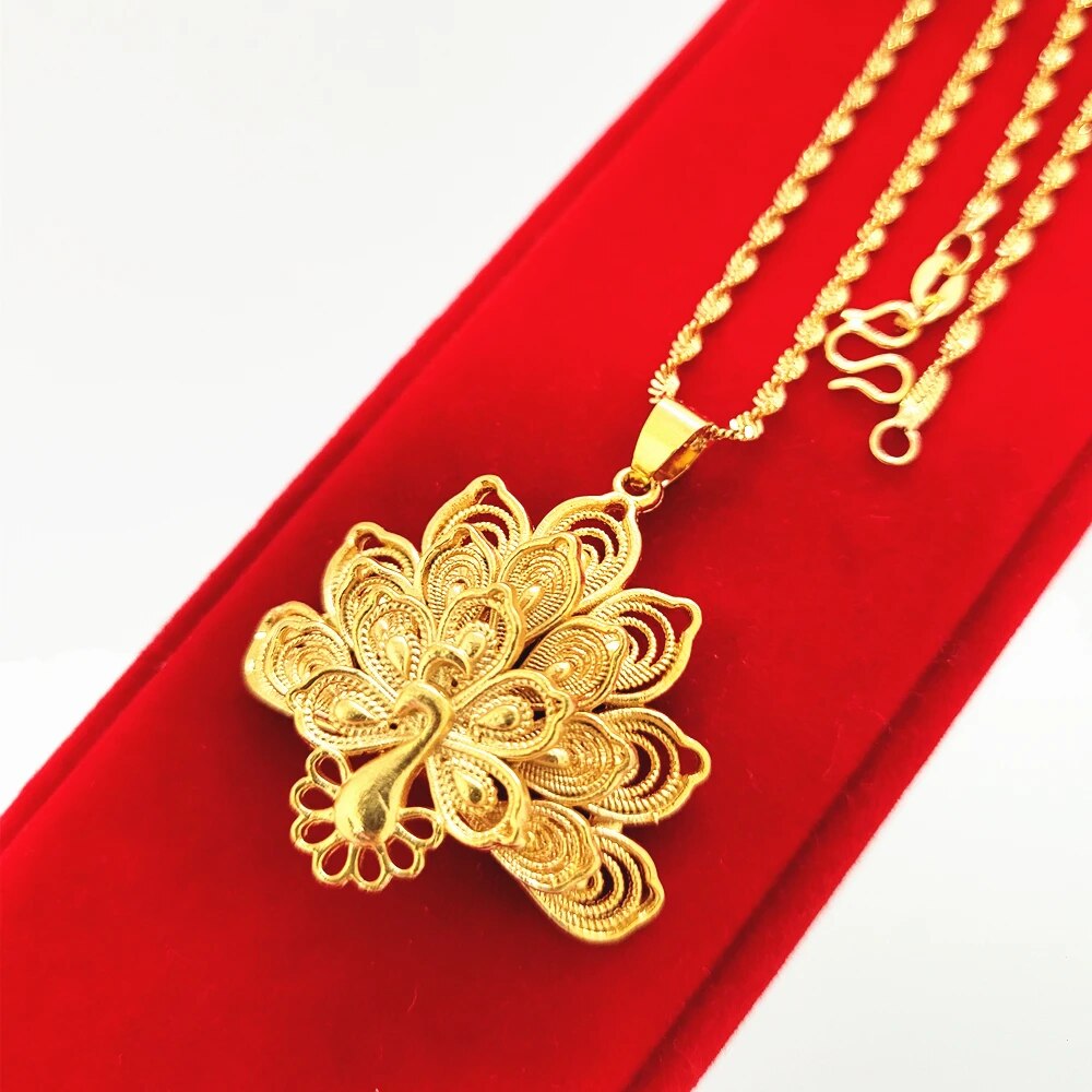 Charm Necklaces For Women 24K Yellow Gold Color Peacock Pendant Necklace Chain image 3