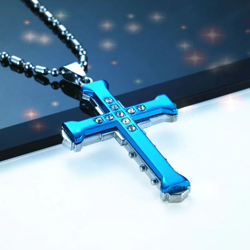 2024 New Male Crystal Cross Jesus Pendant Gold/Black/Blue Color Zirconia Neck image 3