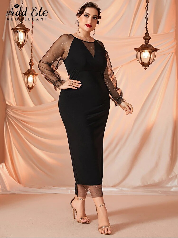 Add Elegant Plus Size Women's Dresses Petal Sleeve Neckline Paneled Sheer Mesh image 5