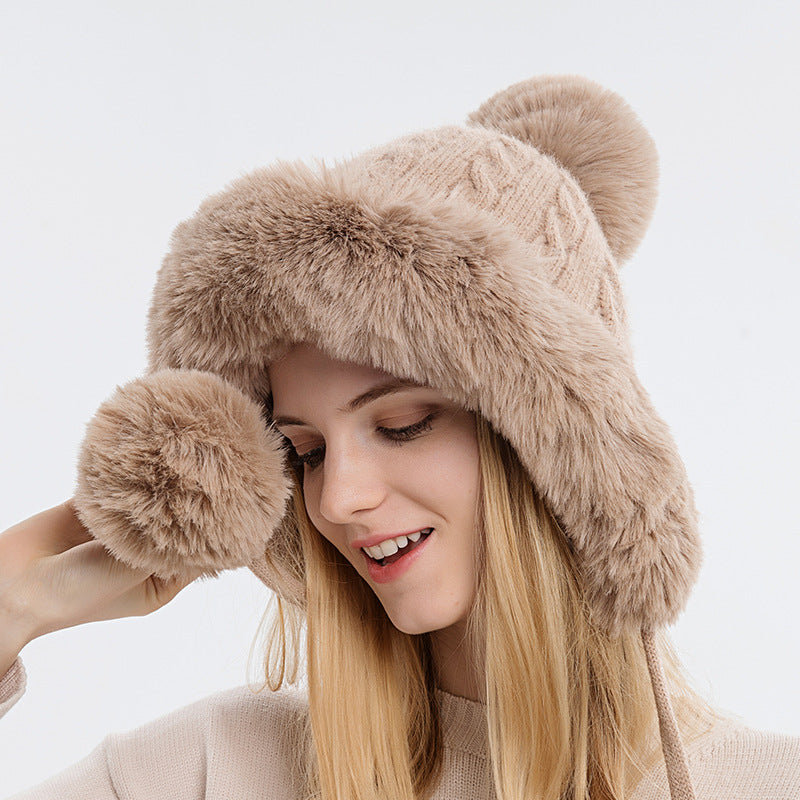 Women Beanie Hat Winter Balaclava Knitted Cap Hooded Face Mask Fluff Keep Warm image 11