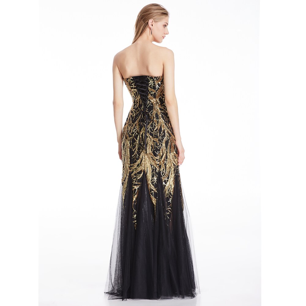 Angel-fashions Strapless Gold Sequin Zipper Side Evening Dresses Lace Up Back image 3