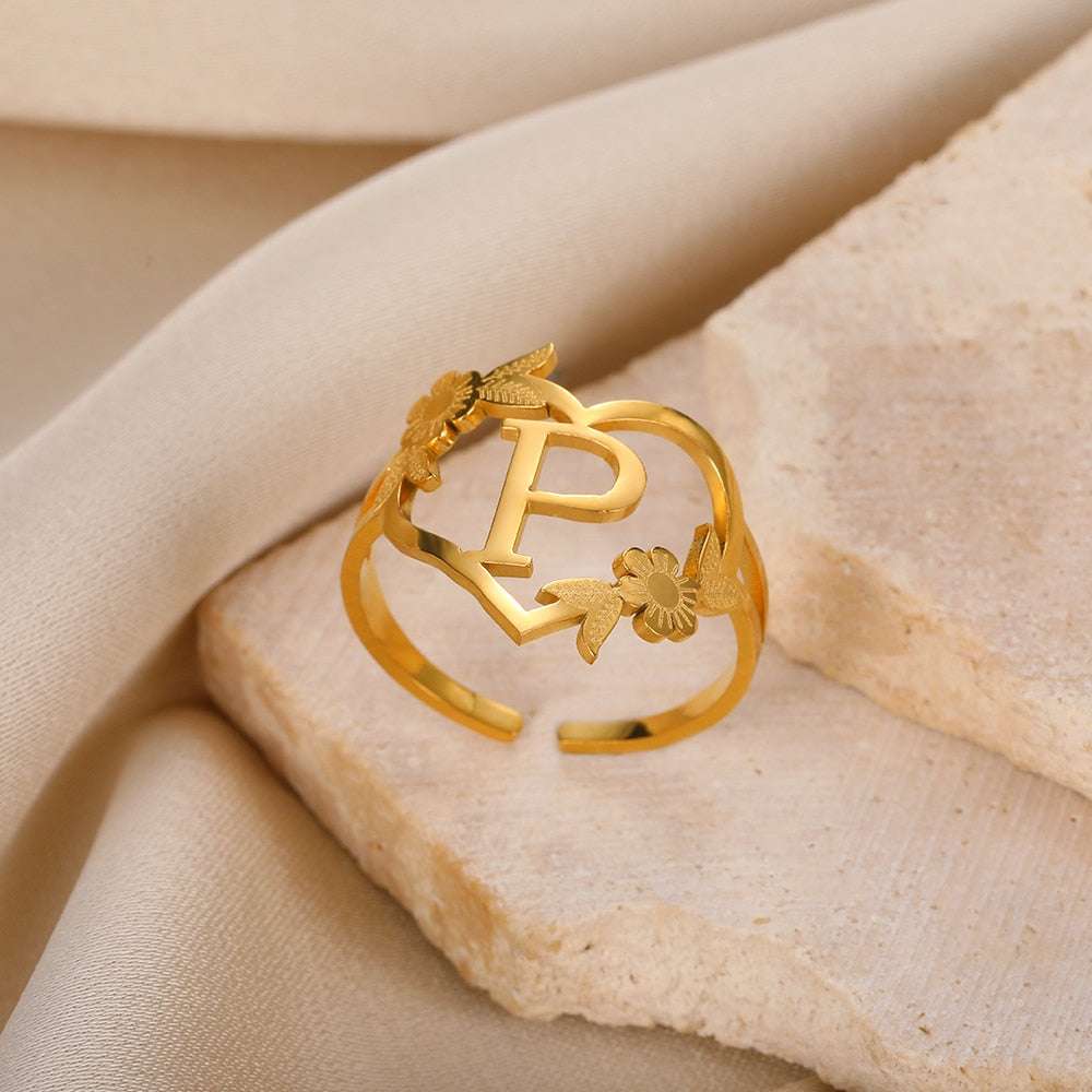 Stainless Steel Initials Flower Heart Rings Gold Color Adjustable Delicate Lett image 15