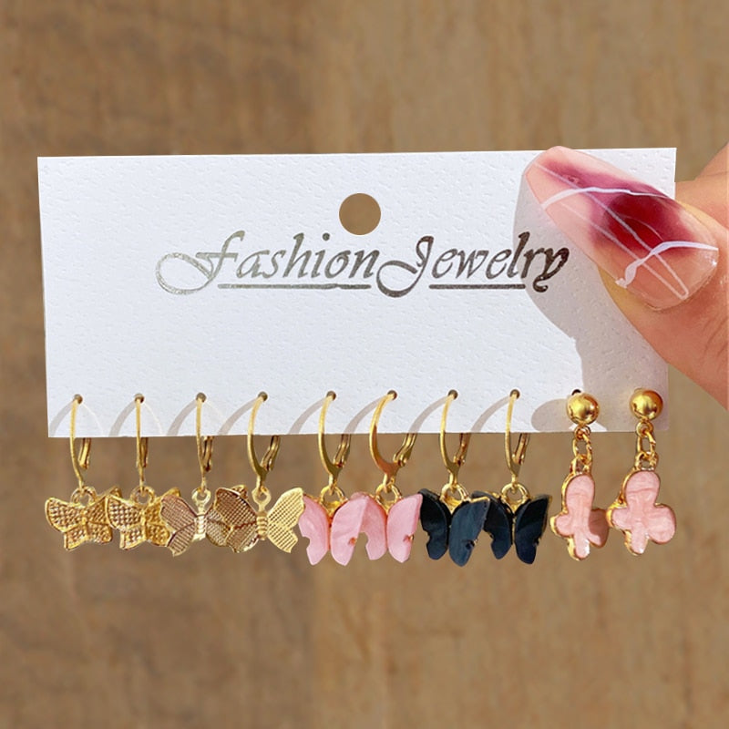 Boho Resin Colorful Earrings Set For Women Pearl Butterfly Gold Color Metal Cir image 11