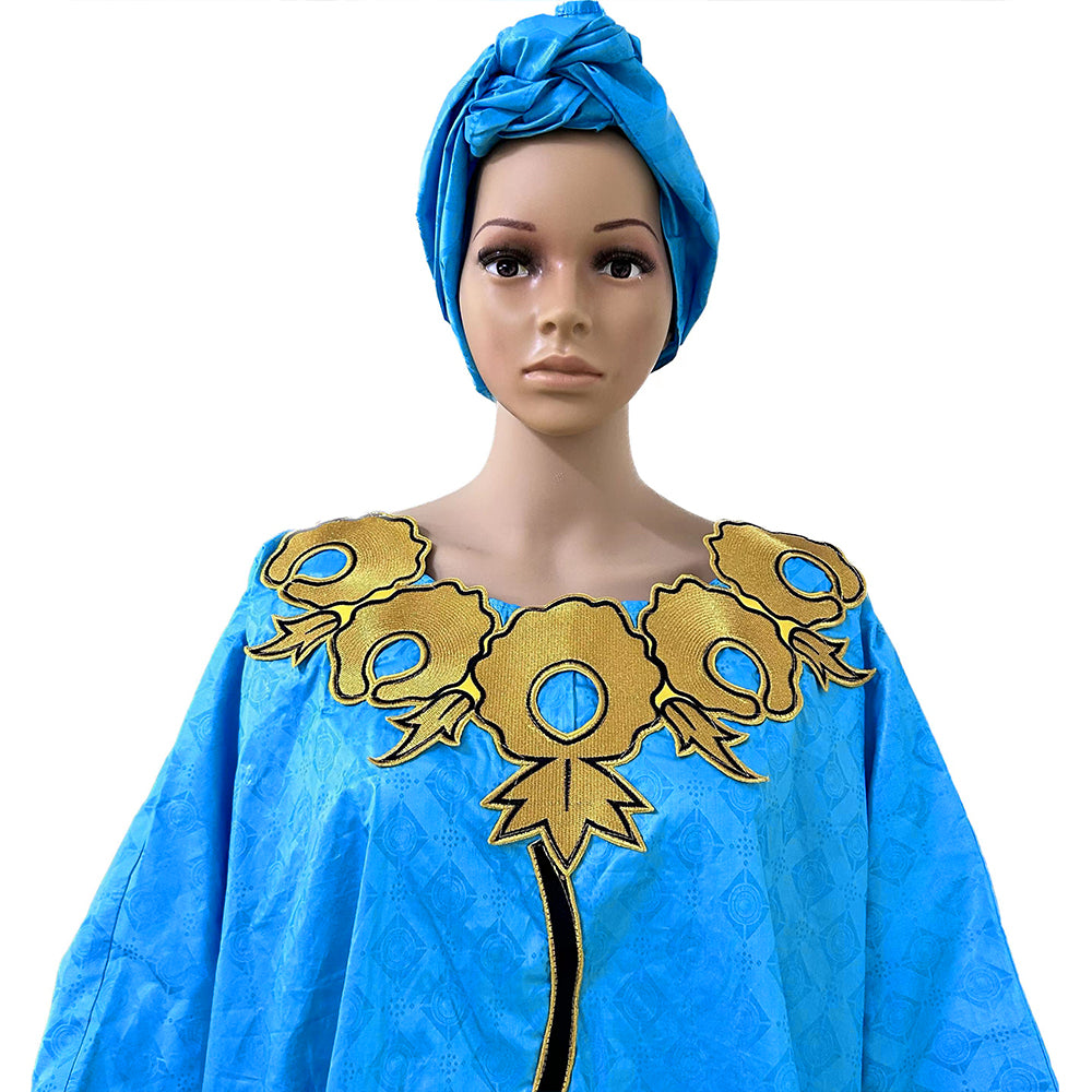 High Quality African Women Bazin Riche Dresses With Headscarf Embroid Stone Nig image 7
