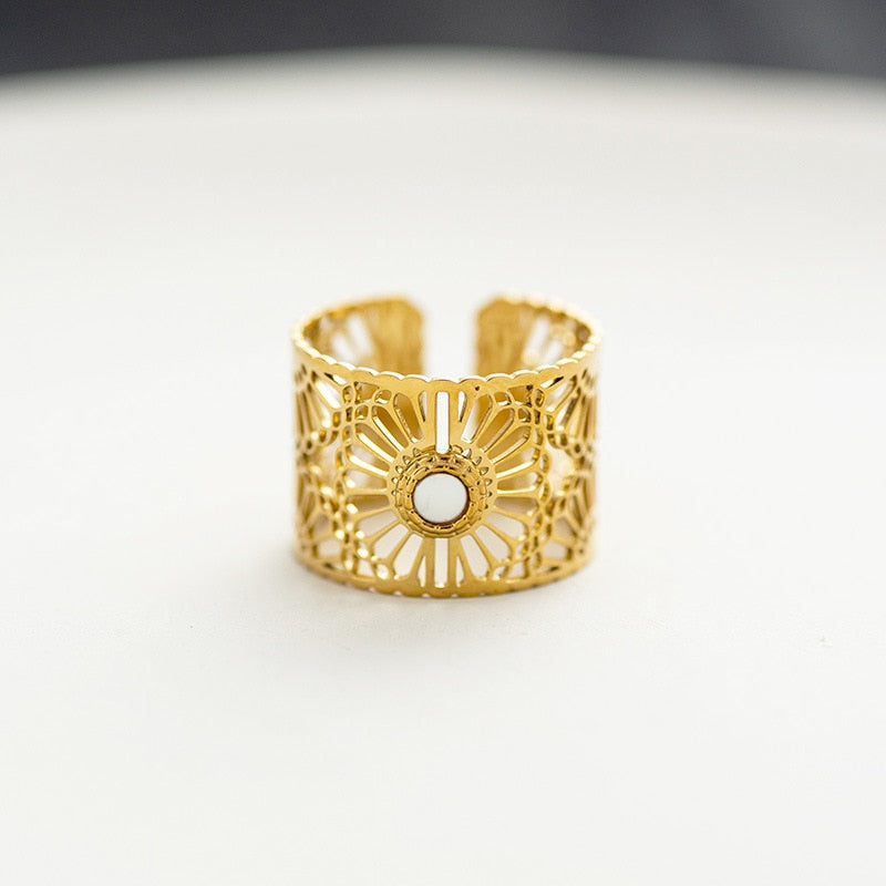 Creative Gold Plated Stainless Steel Rings for Women Simple Geometric Round Nat image 15