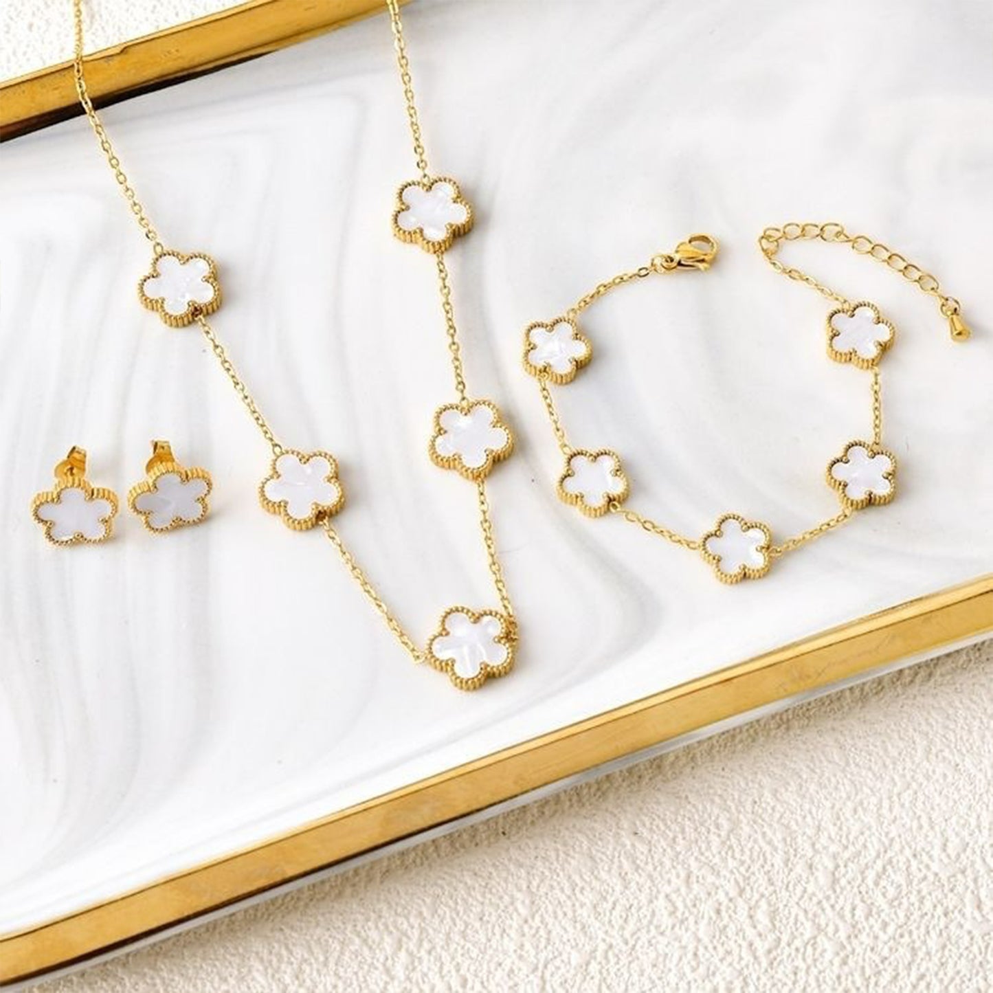 3Pcs 18k Gold-Plated Five-Leaf Flower Necklace Earrings Bracelet Jewelry Set Fo image 9