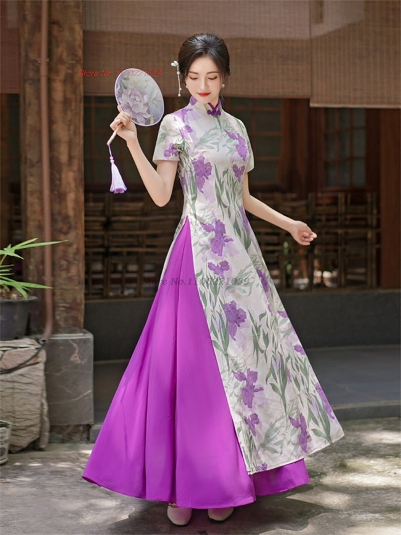 2024 vietnam traditionaldress aodai national flower print cheongsam oriental im image 1
