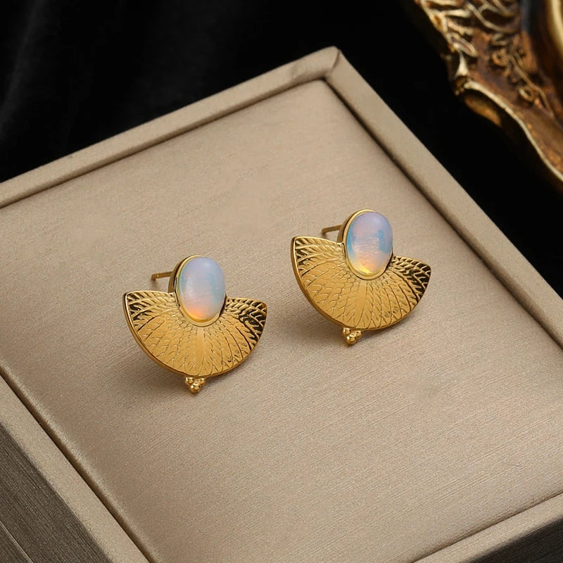 EILIECK 316L Stainless Steel Gold Color Fan Geometric Bohemian Drop Hoop Earrin image 3