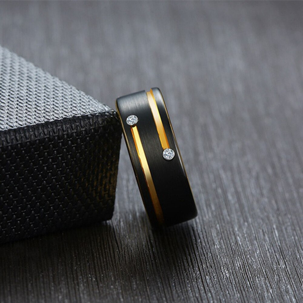 Newshe Mens Tungsten Carbide Ring Black and Golden Color 8mm Wedding image 3
