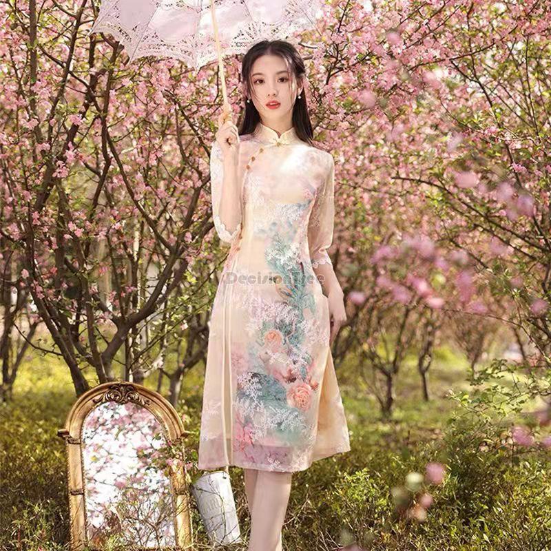 Summer chiffon ao dai elegant dress qipao oriental printing dress qipao vietnam image 4