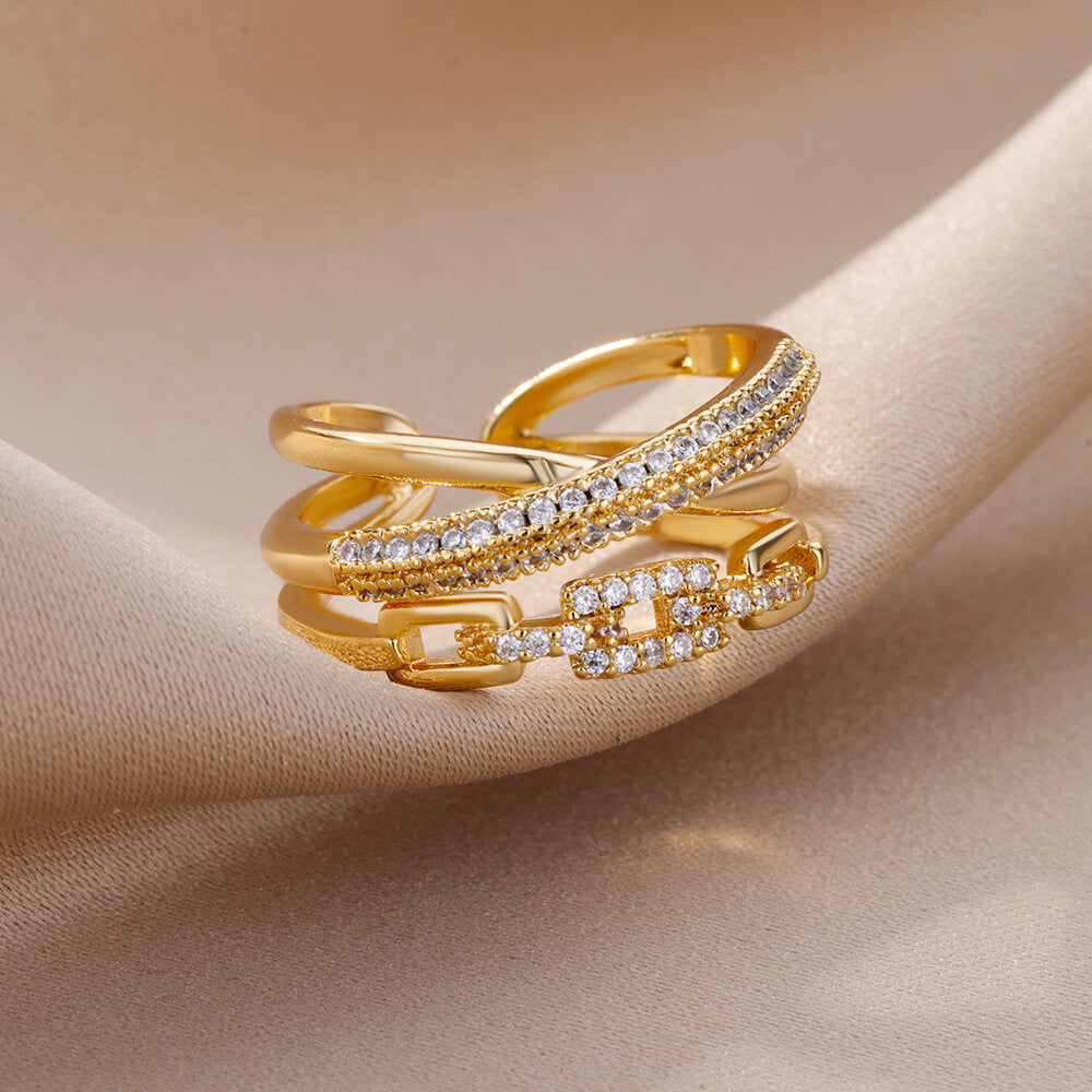 Fashion Gold Color Stainless Steel Rings For Women Chain Hollow Out Crystal Zir image 26