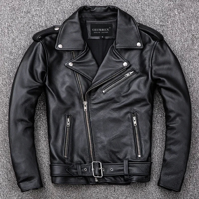 Spring Classical Motorcycle oblique zipper Jackets Men Leather Jacket Natural C image 0