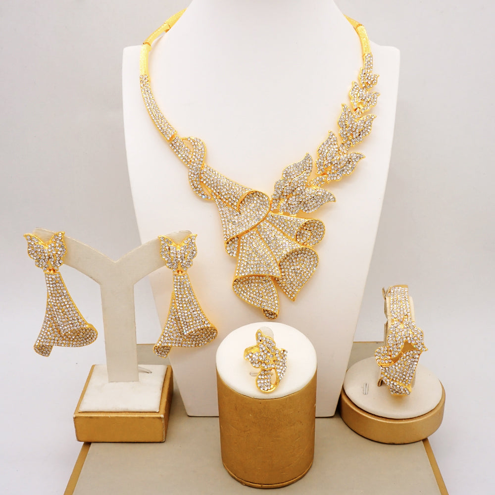Latest Italian Dubai Gold Color Ladies Full Crystal Necklace Jewelry Set Simple image 5