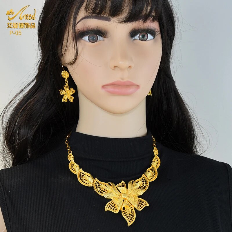 Indian Gold Plated Jewelry Set For Women African Bridal 24K Gold Color Necklace image 40