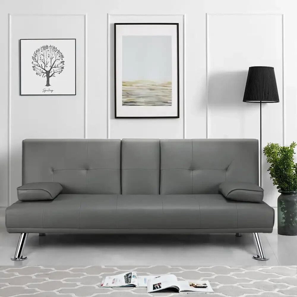 Modern Faux Leather Futon with Cupholders and Pillows image 5
