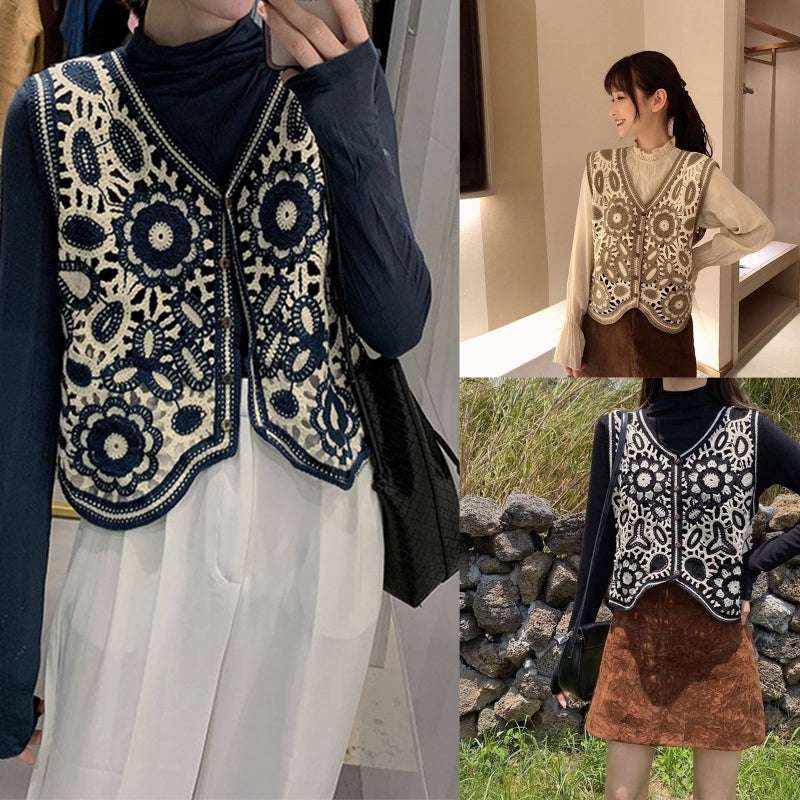 Women Spring Crochet Sleeveless Sweater Vest Waistcoat V-Neck Button Down Hollo image 5