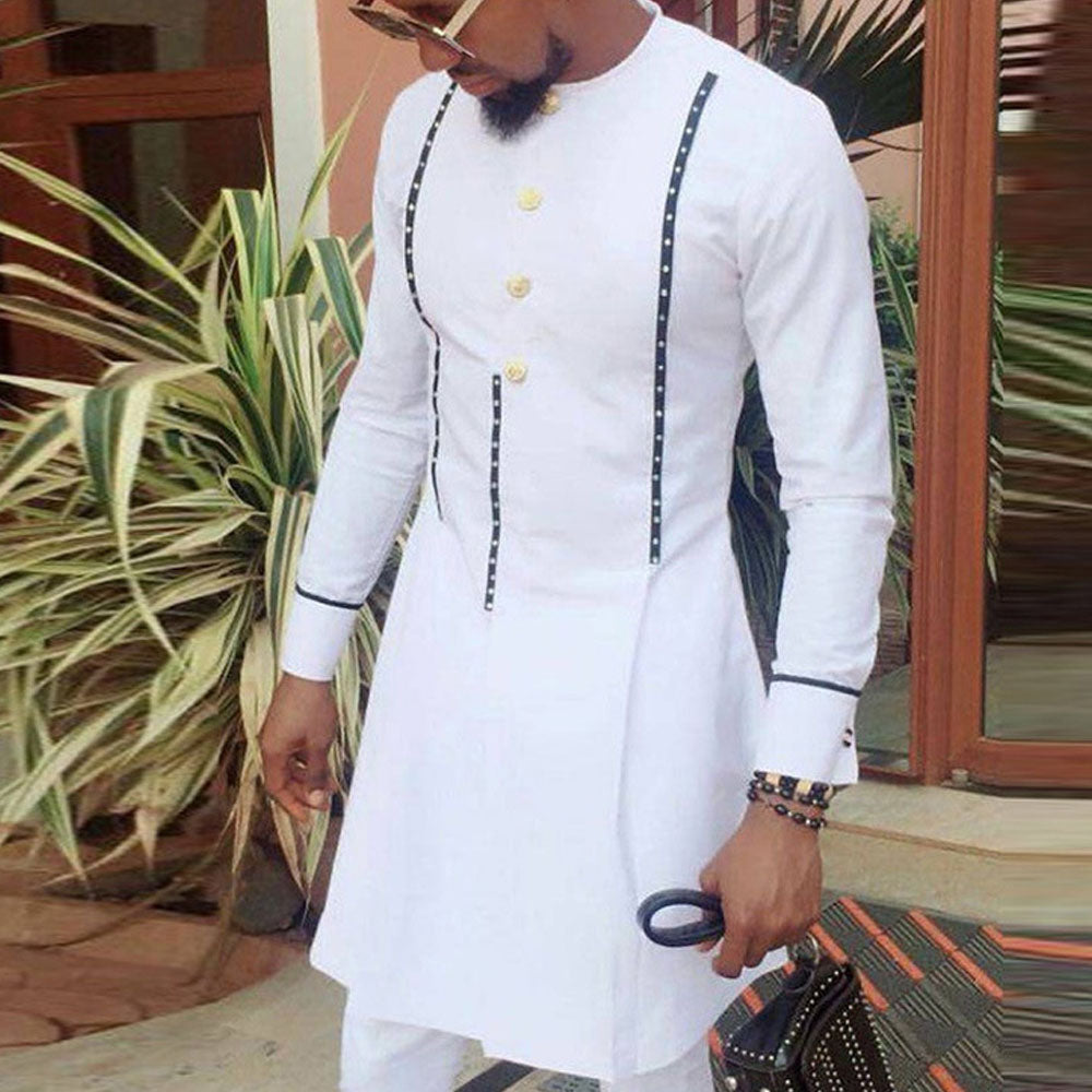 Kaftan African Men's Suit White Long Sleeve Stitching Shirt and Social Pants 2 image 6