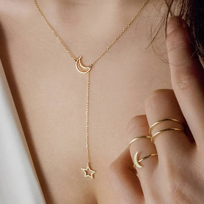 New Simple Moon Star Pendant Choker Necklace Simple Gold Color Alloy Charm Chai image 2