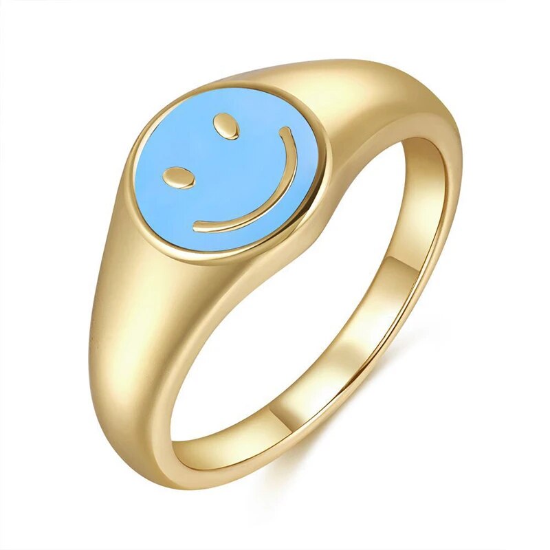 YUXINTOME 24k Gold Plated Colored Enamel Smile Face Wide Ring For Women Trend C image 2
