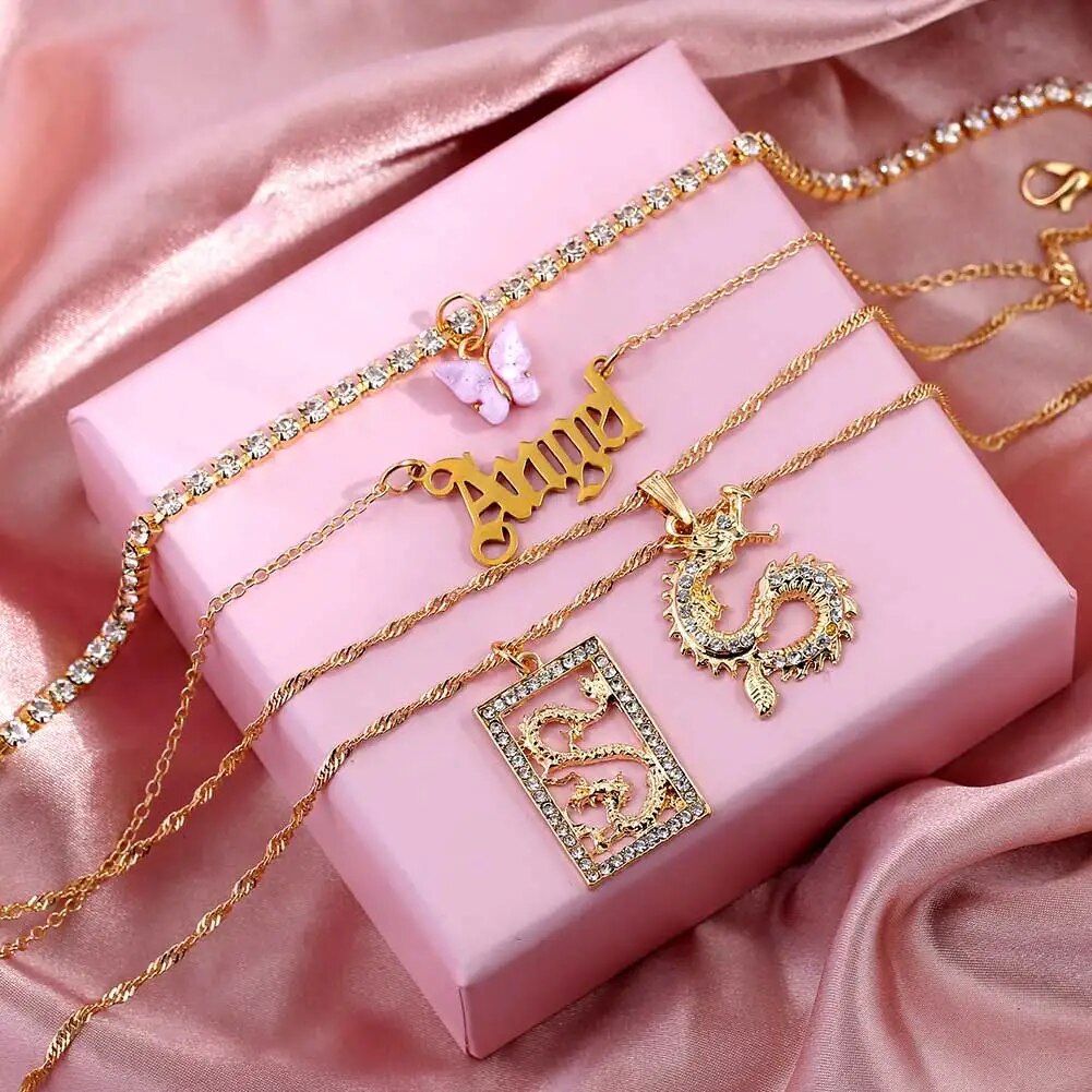 New Multi Layer Butterfly Dragon Charms Crystal Necklaces For Women Punk Golden image 24