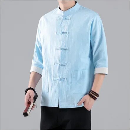 2022 New Chinese Style Mens Tops Tang Suit Linen Half Sleeve Solid Traditional image 3