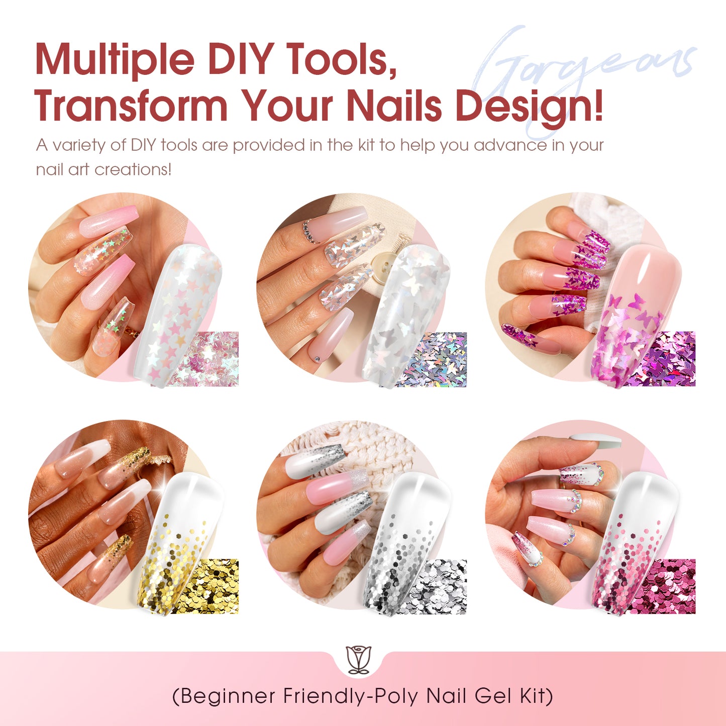 ROSALIND Poly Nail Gel Kit -20 Colors + 76 Nail Art Accessories kit Clear Nude image 4
