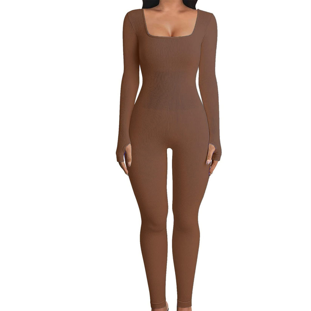Women's One-Piece Ribbed Square Collar Yoga Sports Jumpsuit Solid Color Long Sl image 4