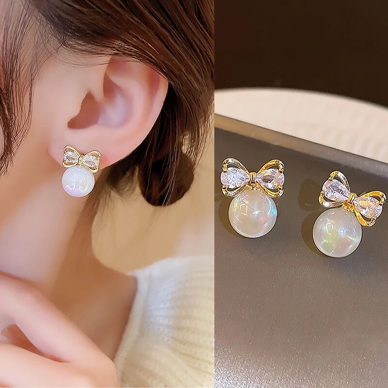 Gold Color Metal Fashion Korean Pearl Earrings For Women Sparkling Zircon Penda image 2
