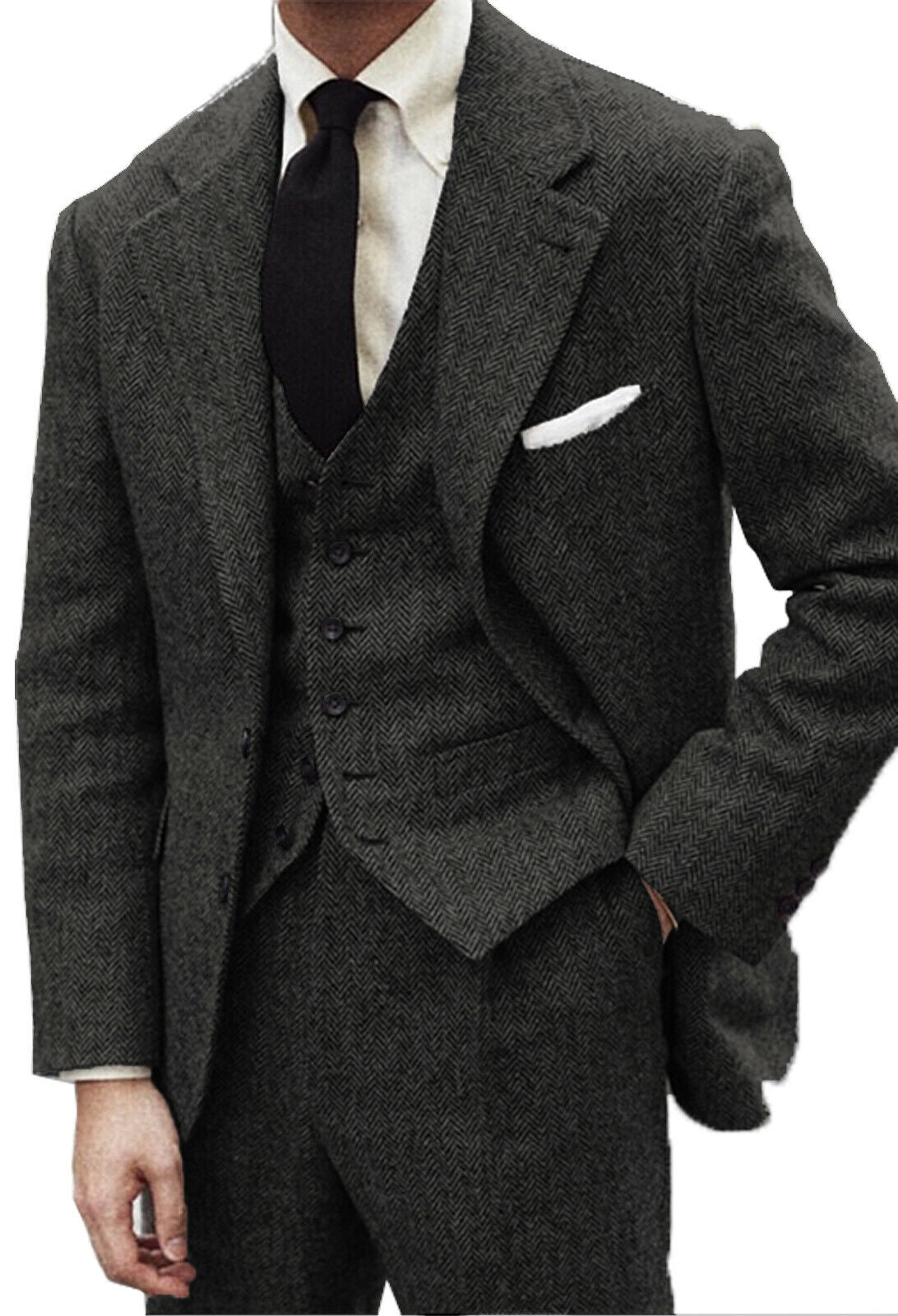 Classic Men's Tweed 3Pic Suit Herringbone Tuxedo Blazer Vest Pants Wool Vintage image 0