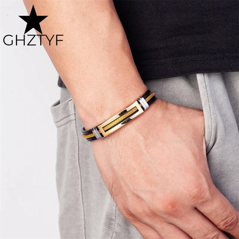 Golden Chain Stainless Steel Bracelets for Men Women Teens Black Rubber Belt Wr image 7