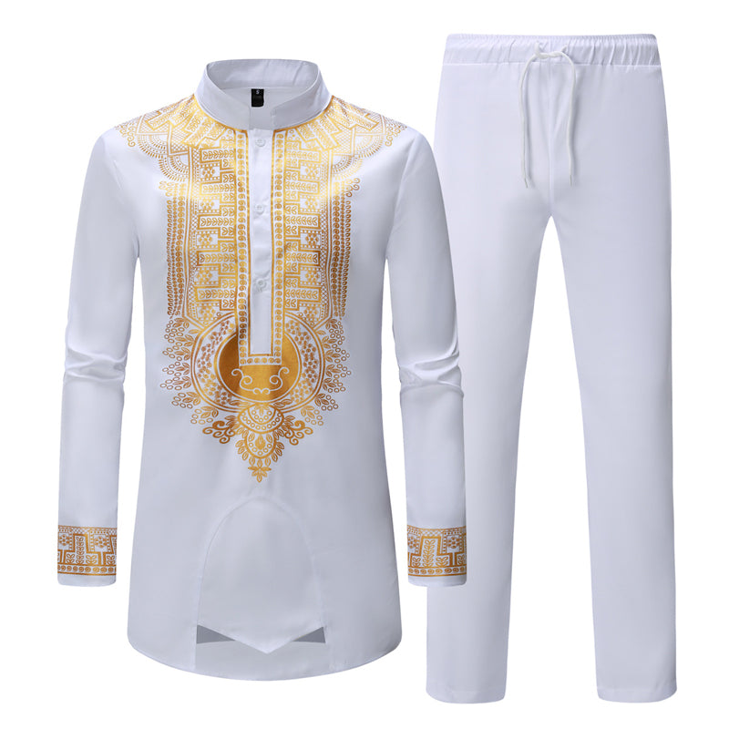 White African 2 Piece Set for Men Long Sleeve Mandarin Collar Shirts and Pants image 1