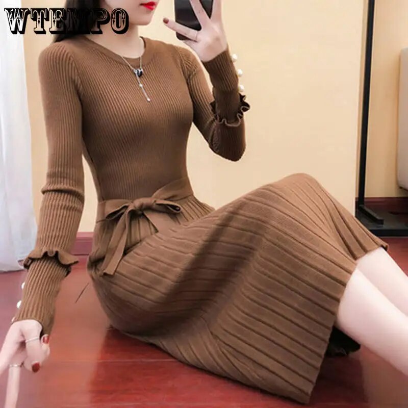 WTEMPO Korean Fashion Slim Crew Neck Sweater Dress Women Elegant Belted Long Sl image 0