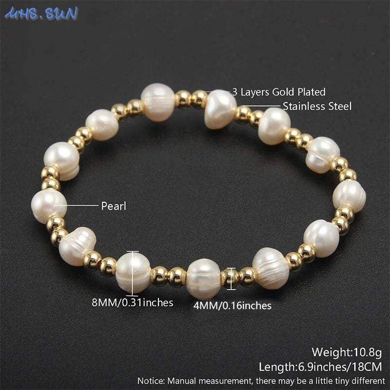 MHS.SUN Elegant Natural Pearl Gold Plated Stainless Steel Beaded Bracelet Handm image 0