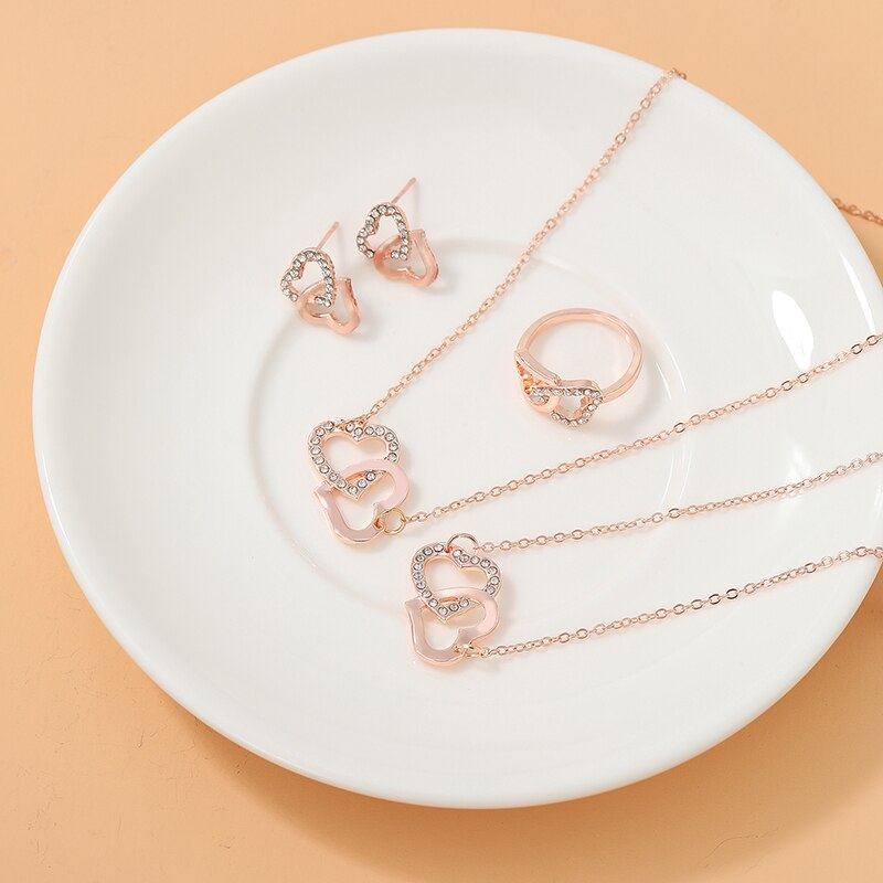5PCS Set Gold-Color Heart Shaped Jewelry Sets Of Ring Earrings Necklace For Wom image 6