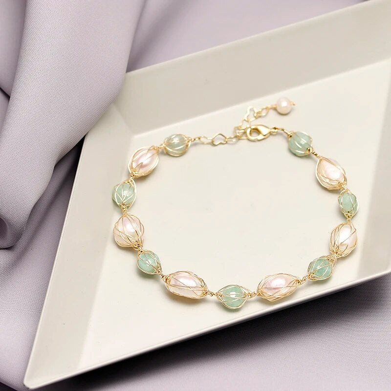Original Handmade 14K Gold Filled Baroque Natural Freshwater Pearl Jade Lady Br image 6