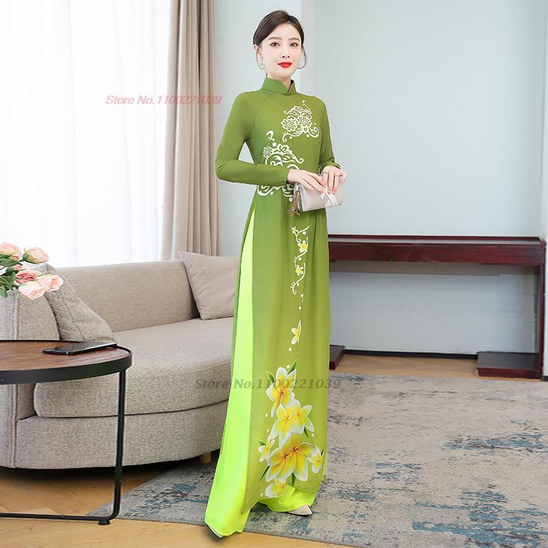 2024 vietnamese aodai dress women traditional flower print vintage elegant qipa image 2