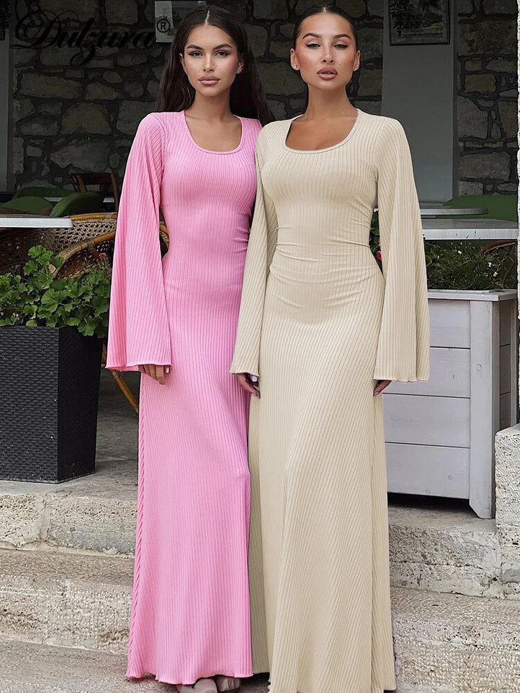 Dulzura Solid Ribbed Trumpet Sleeves Maxi Dress Back Lace-Up Straps Elegant Cas image 0