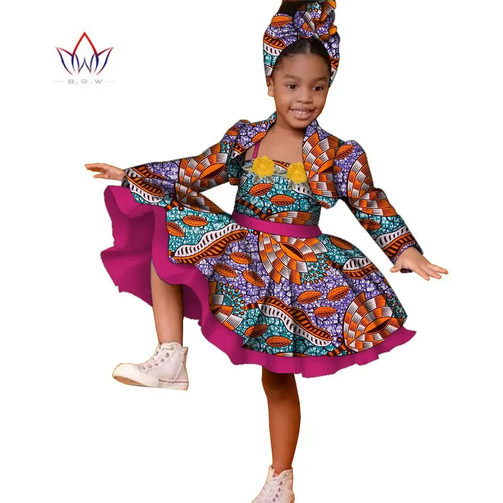 3pcs Set African Kids Gril Dashiki Dress Coat and Headtie Suits Africa Print Pa image 1
