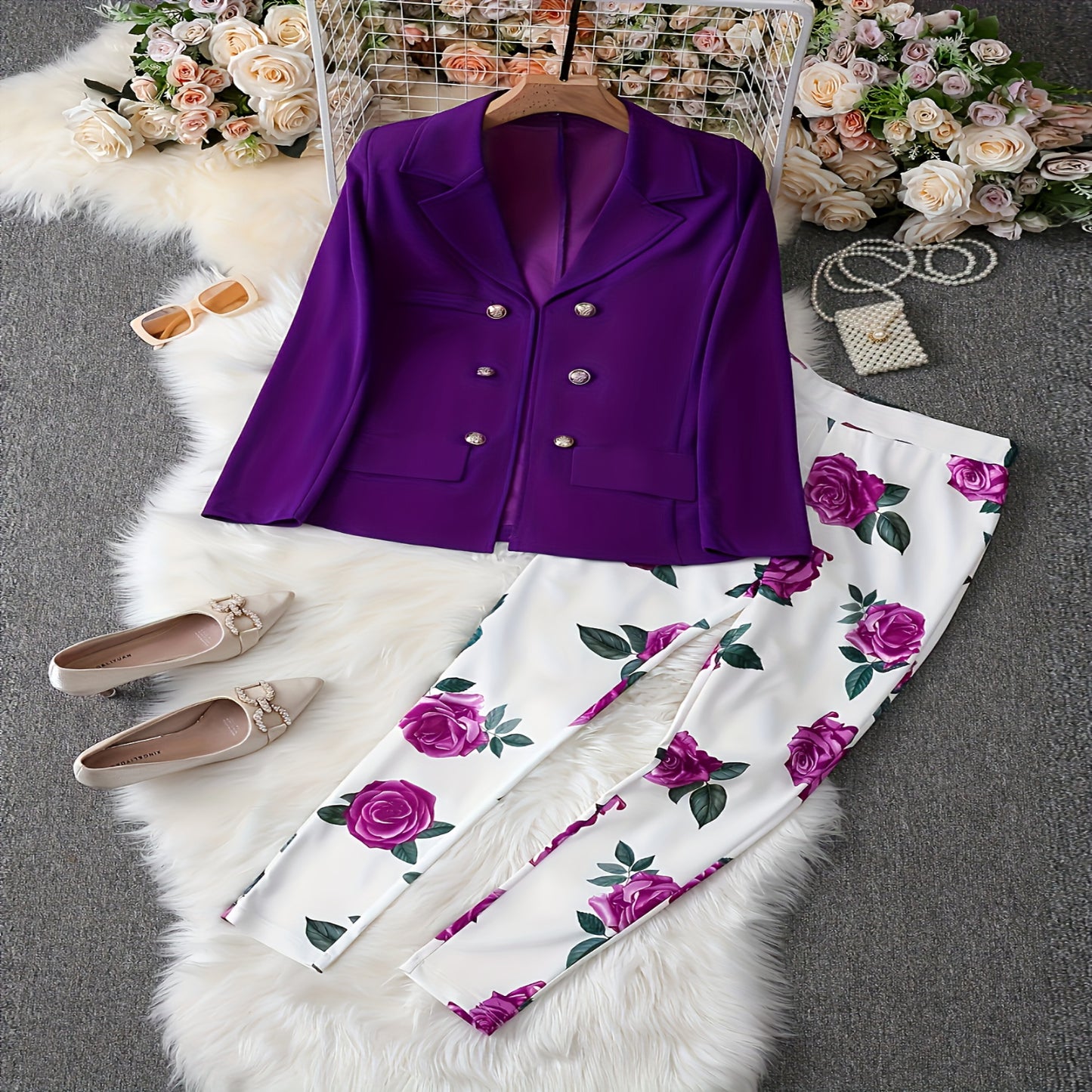 Casual Two-piece Set, Solid Double-breasted Blazer & Floral Print Slim Pants Ou image 3
