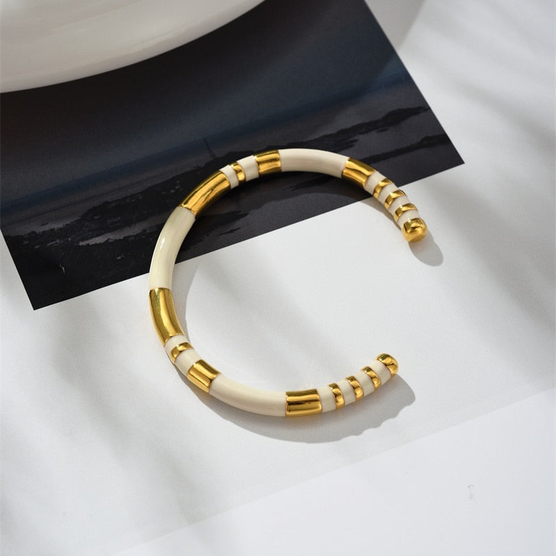 HUANZHI Enamel Spliced Copper Gold Plated Cuff Bracelet for Women Men Fashion E image 4