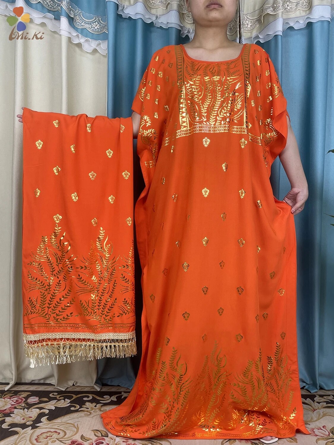 New African Abaya Women Dress Gold Plated Cotton Loose fitting Dress with Big S image 4