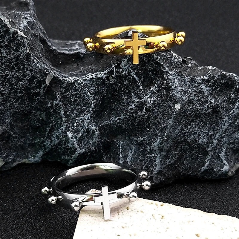 Christian Christ Jesus Cross Ring Stainless Steel Gold Color Lord Prayer Cathol image 4