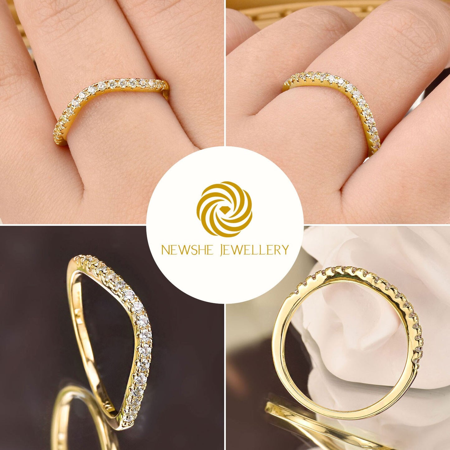 Newshe Rose Yellow Gold Curved Wedding Bands For Women Stacking Solid 925 image 5