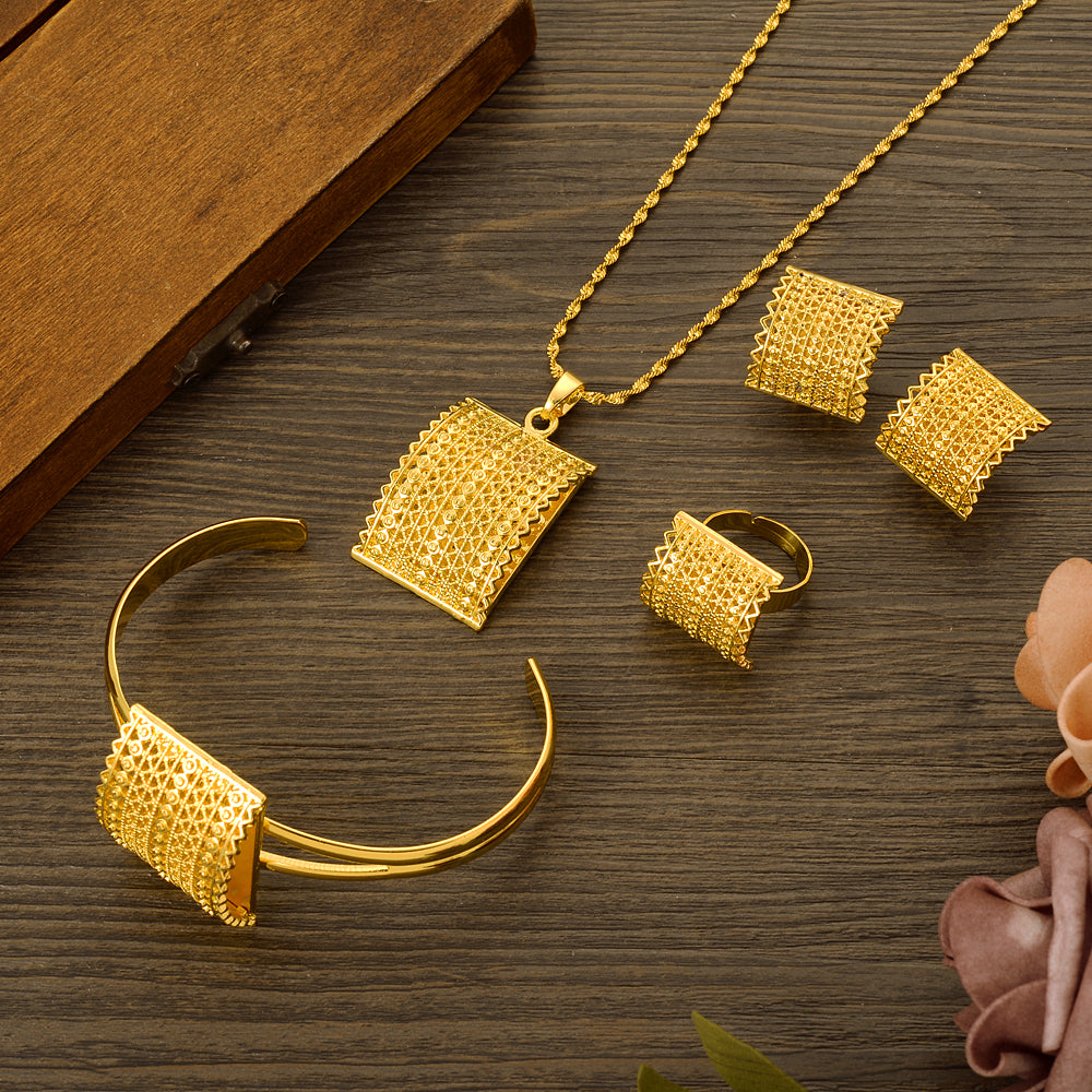 24K Gold Color Traditional Dubai Jewelry African Bride Habisha Lucky Patry Set image 1