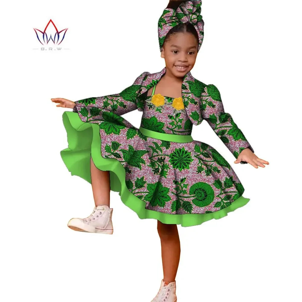 3pcs Set African Kids Gril Dashiki Dress Coat and Headtie Suits Africa Print Pa image 15