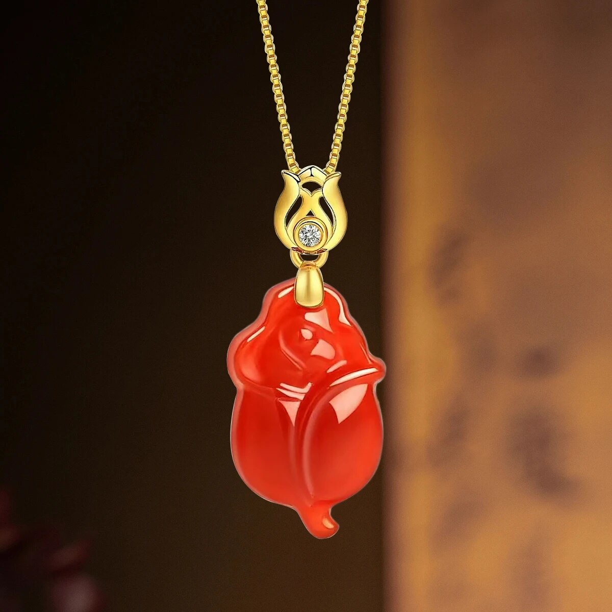 Real 18k Gold Necklace Natural Red Agate Pendant Pure AU750 Fine Jewelry Weddin image 3