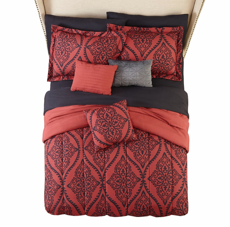 Mainstays Red and Black Damask 8 Piece Bed in a Bag Comforter Set with Sheets, image 3