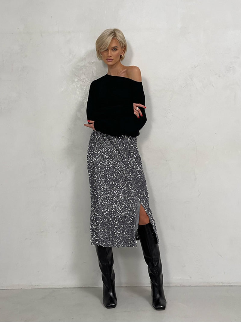 Silver Black Sequin Skirt Women Elegant Vintage Punk Evening Dress Slit Cute Su image 4