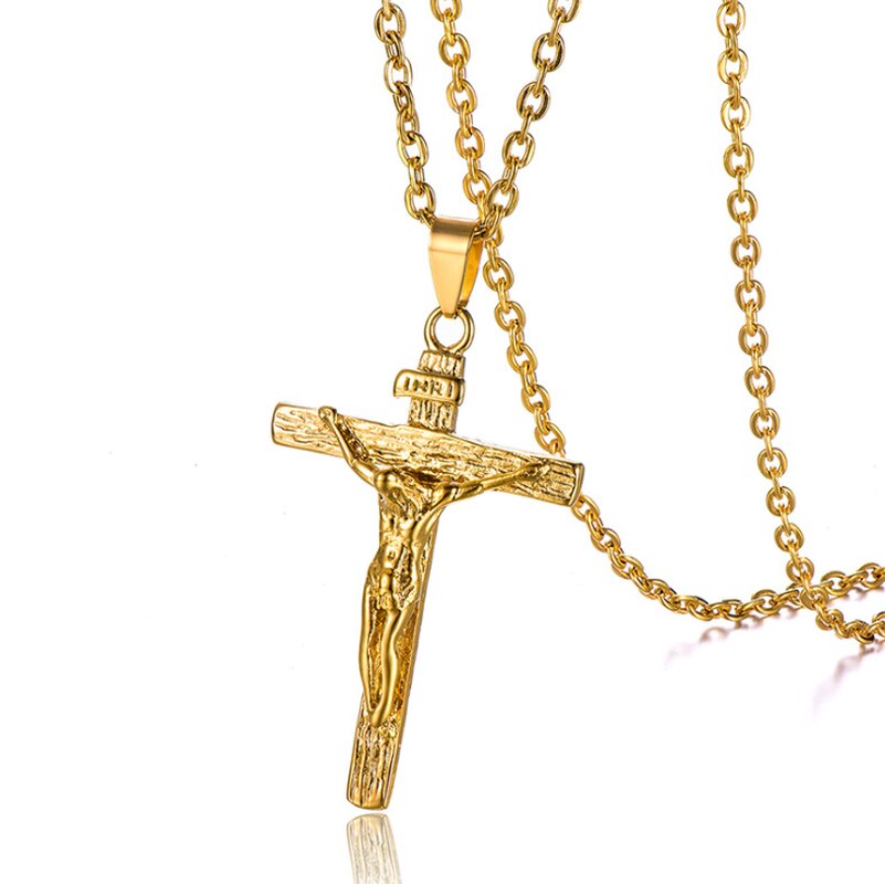 Christian Jesus Crucifix Men Necklace Gold Plated Cross Religious Pendant Neckl image 0