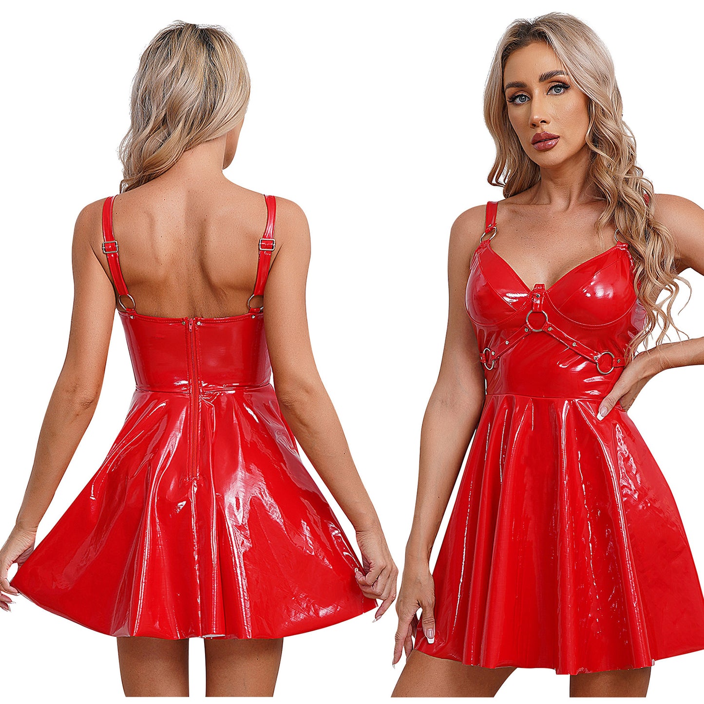Womens Sexy Wet Look Patent Leather Slip Dress O-Ring Rivets Strappy V Neck Got image 0